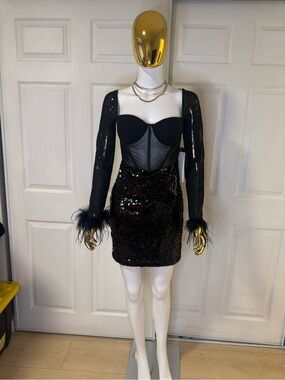 Elvi Black Sequin Feather-Cuff Bodycon Mini Dress